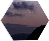 WallClassics - PVC Schuimplaat Hexagon  - Smalle maan Met Wolken en Bergen - 40x34.8 cm Foto op Hexagon (Met Ophangsysteem)