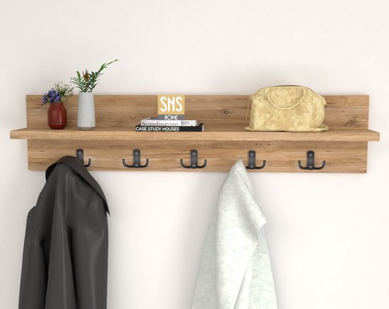 Kapstok - Wandkapstok - Wandplank - Muur Hanger - Modern Stijl Kapstok - Natuurlijk Hout - 5x2 Houten Kleerhanger - Pijnboom/Grenen - 80 cm