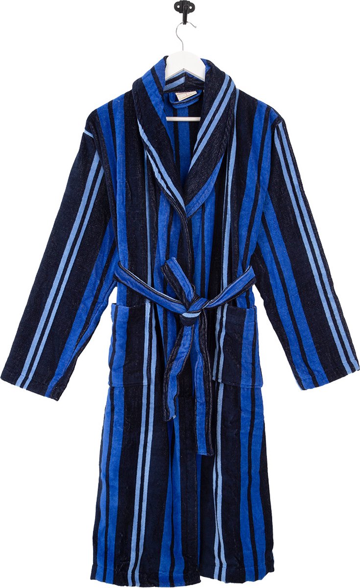 Luxe badjas van katoen - blauw strepen - sauna - sjaalkraag badjas heren - maat S/M