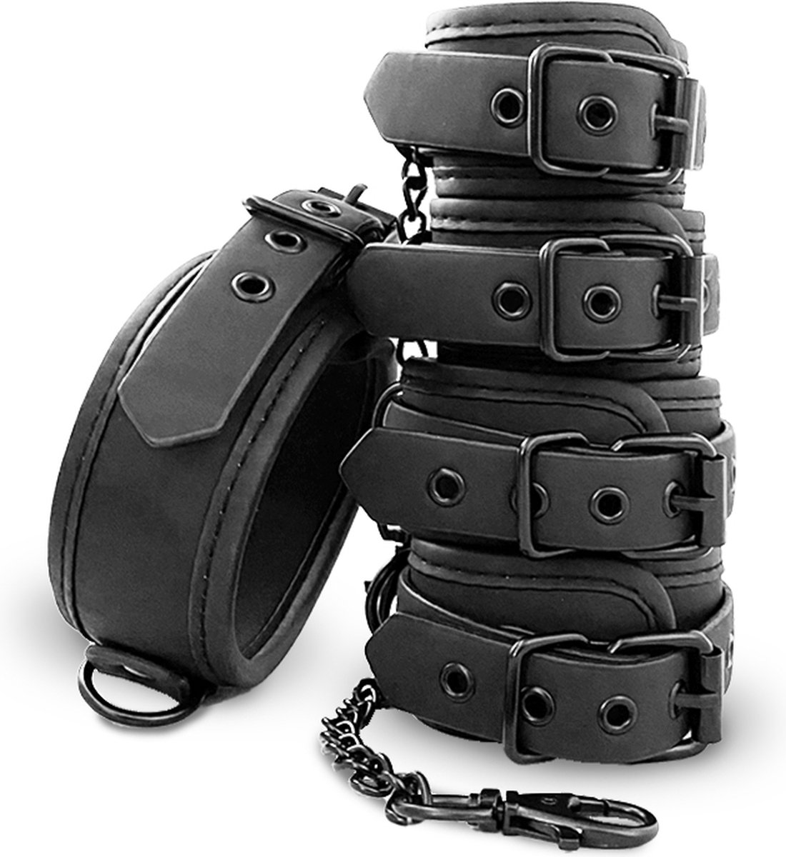 Goedkoopste Complete Bondage Set - Zwart - Halsband - Handboeien - Enkelboeien - Gemaakt van degelijk kunstleer - Gespsluitingen