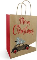 Luxe Kerst Kraft Papieren Feesttassen - 22 cm hoog / Cadeautas / Tas Kerstmis - Merry Christmas Auto / Kerstboom - Draagtassen - Tas / Tasjes - Goodiebags / Draagtas - Zakjes - Gedraaid handvat | Kado - Cadeau - Geschenk - Verpakking - DH collection