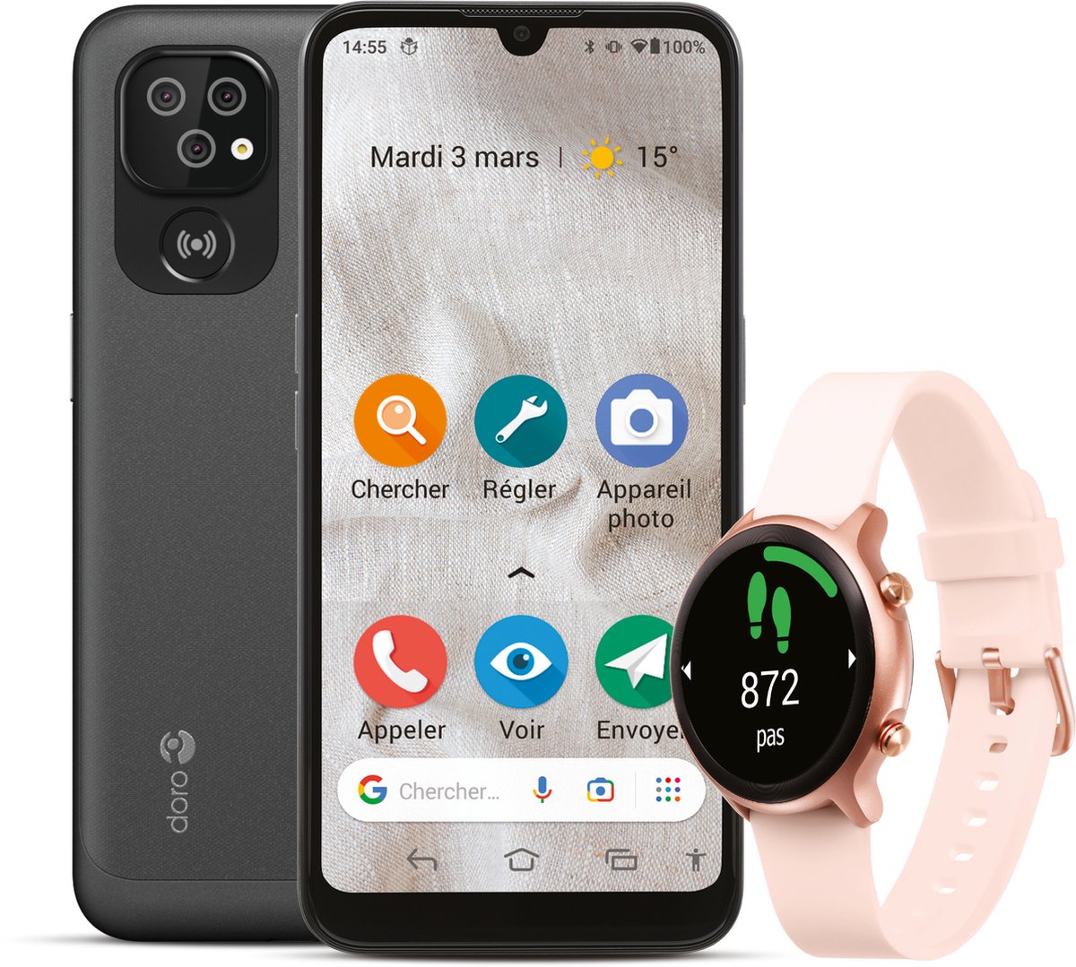 Doro 8100 4G Eenvoudige Senioren Smartphone + Smartwatch (Roze) - Cadeau Bundel