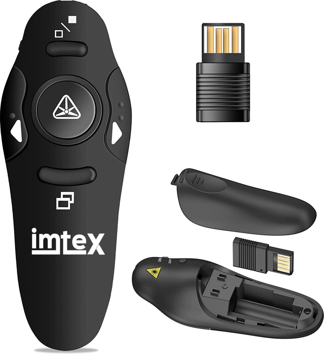 Imtex Draadloze presenter met laser pointer - Presentatie klikker - 2.4 GHz - 15m - MacOS, Windows, Android - Zwart