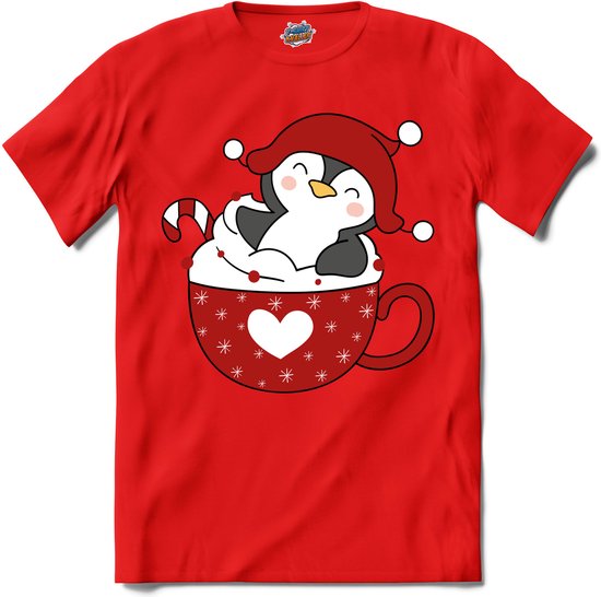 Hot choco pinguin kerst buddy - T-Shirt - Meisjes - Rood - Maat 12 jaar