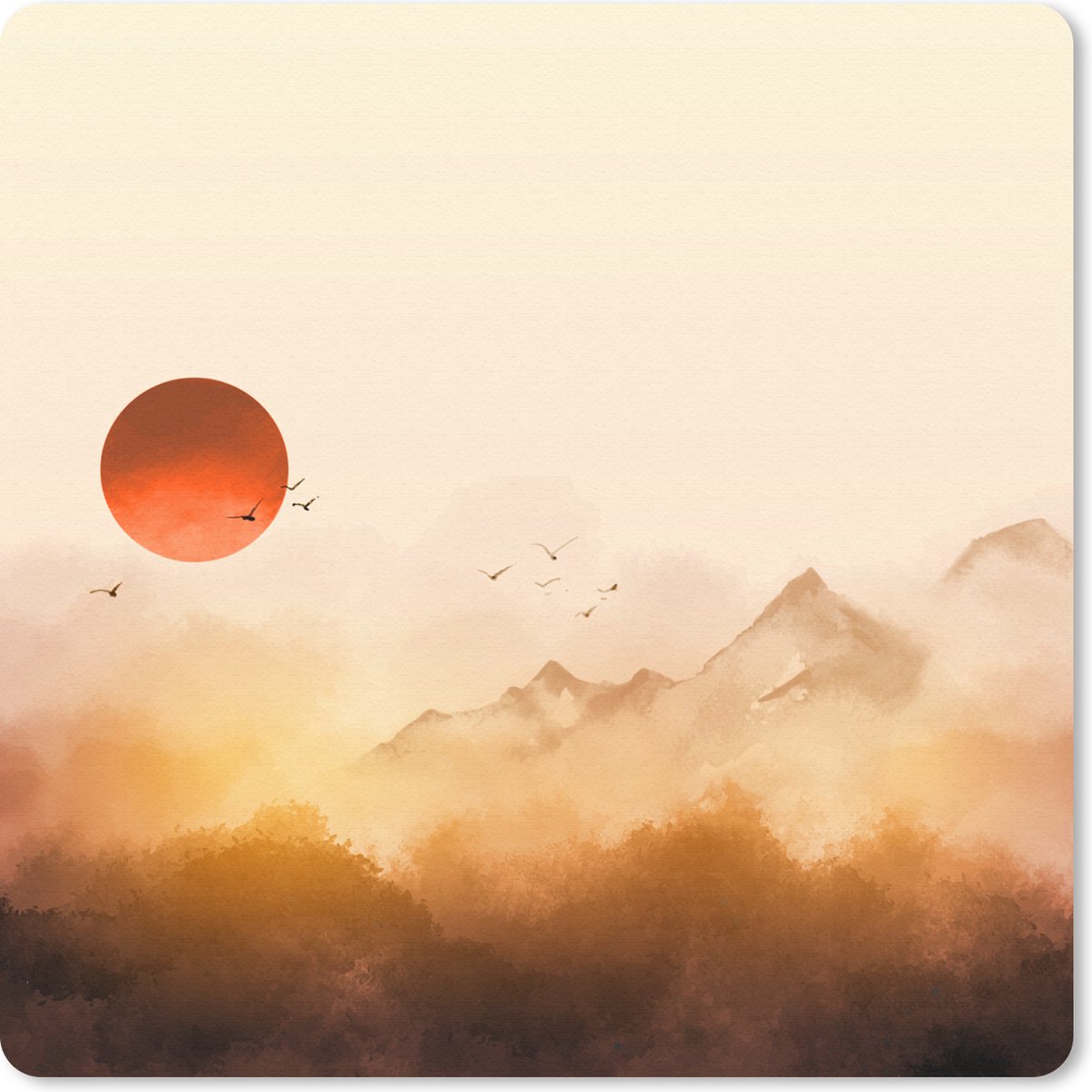Muismat 20x20 cm - Mousepad Schilderij - Zon - Landschap - Vogels - Muismatten