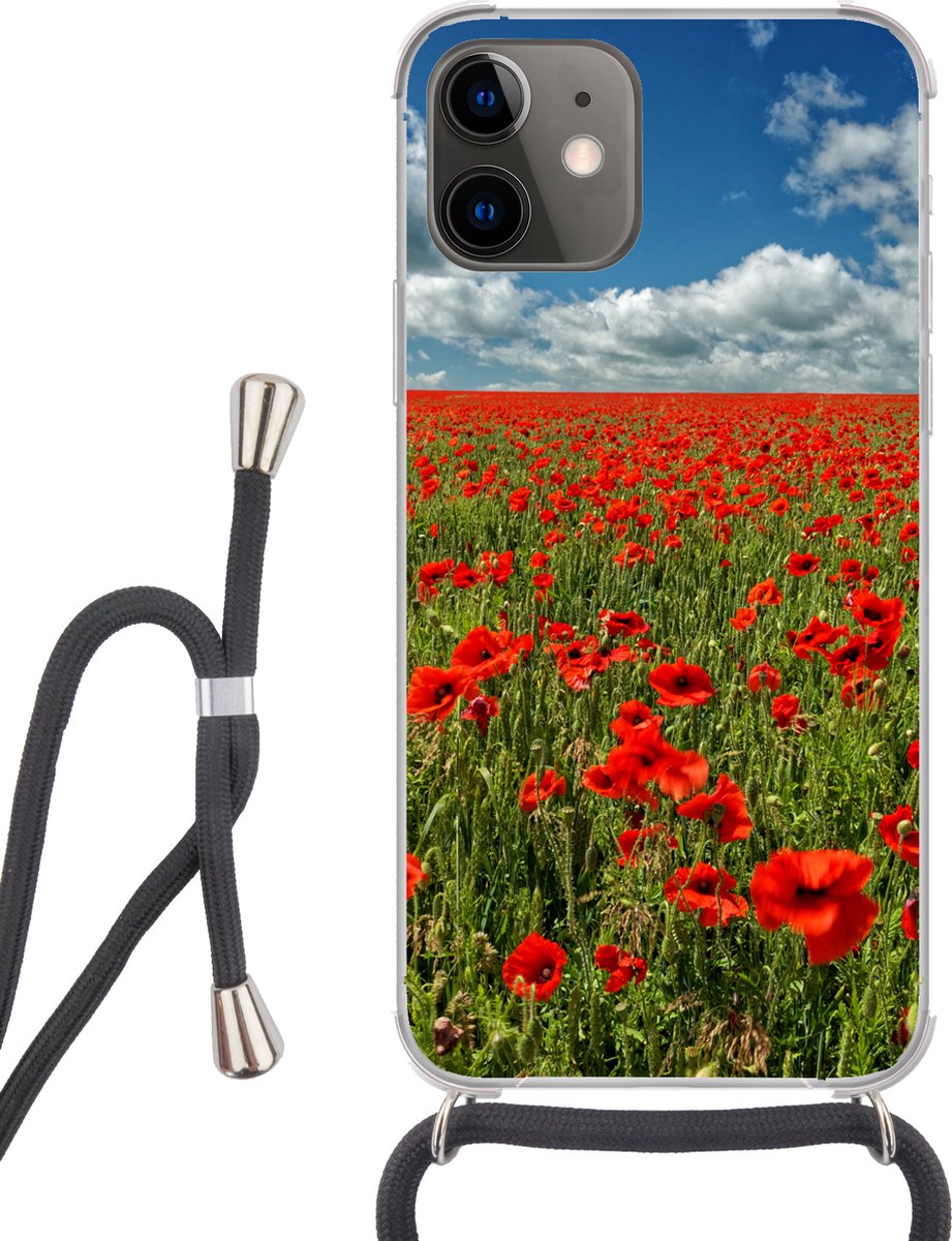 Telefoonhoesje Geschikt voor iPhone 12 Mini - Spierwitte wolken boven een klaprozenveld - Siliconen - Crossbody - Backcover met Koord - Telefoonhoesje met koord - Hoesje met touw Telefoonhoesje
