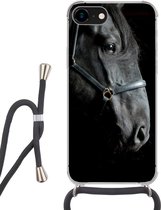 Hoesje met koord Geschikt voor iPhone SE 2020 - Paard - Licht - Zwart - Siliconen - Crossbody - Backcover met Koord - Telefoonhoesje met koord - Hoesje met touw