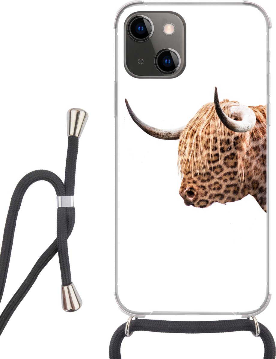 Telefoonhoesje Geschikt voor iPhone 13 - Schotse hooglander - Panter - Wit - Siliconen - Crossbody - Backcover met Koord - Telefoonhoesje met koord - Hoesje met touw Telefoonhoesje