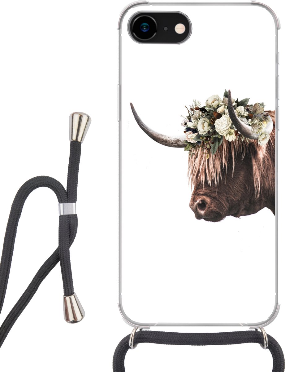 Telefoonhoesje Geschikt voor iPhone SE 2020 - Schotse hooglander - Koe - Rozen - Siliconen - Crossbody - Backcover met Koord - Telefoonhoesje met koord - Hoesje met touw Telefoonhoesje