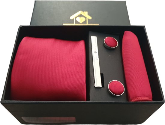 Stropdas set met pochet ROOD - Das inclusief pochet, manchetknopen en dasspeld - Zeer luxe kwaliteit - Bruiloft - Cadeau - Verschillende kleuren