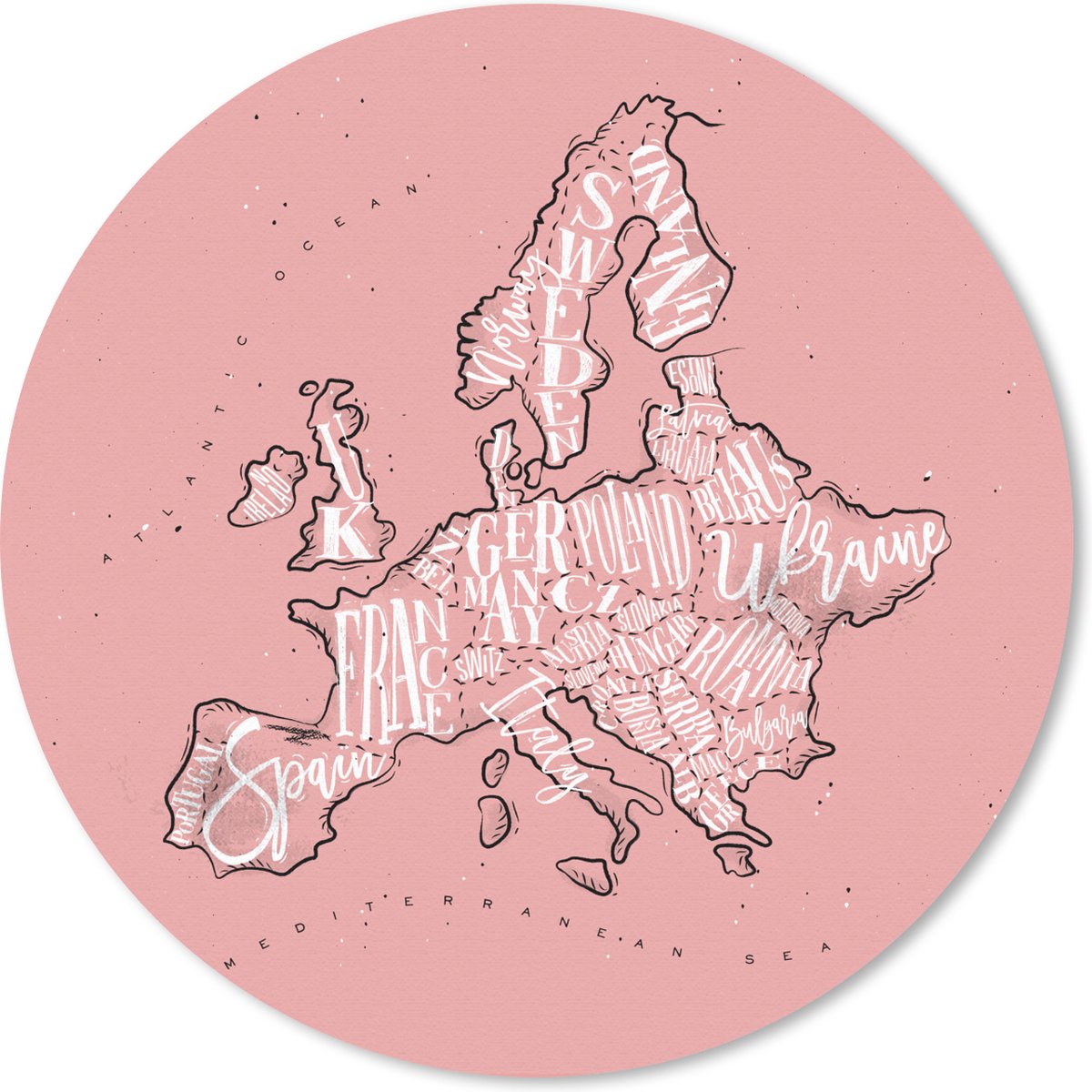 Muismat rond 30x30 cm - Mousepad Kaart - Europa - Roze - Letters - Ronde muismatten