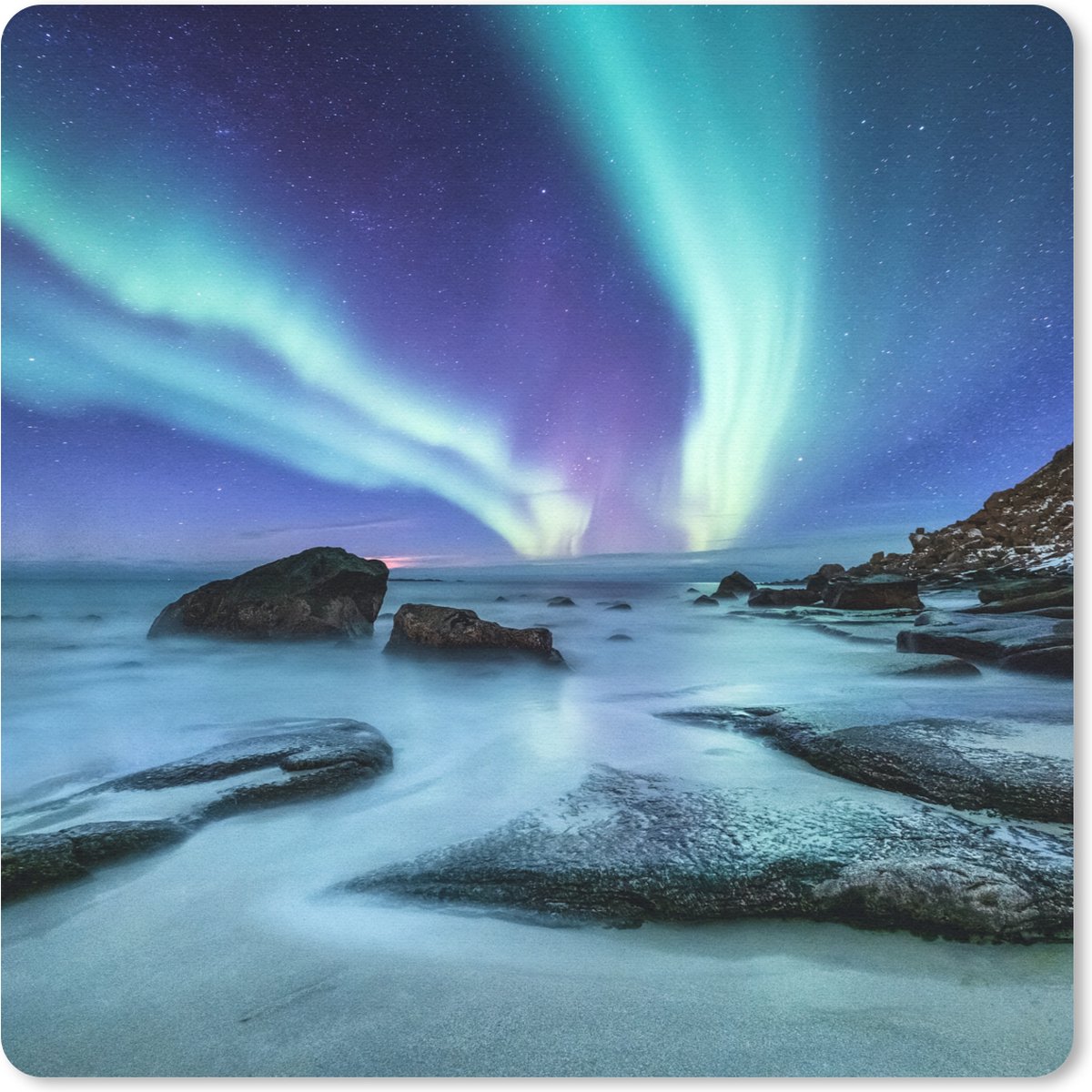Muismat 20x20 cm - Mousepad Noorderlicht - Landschap - Lofoten - Muismatten