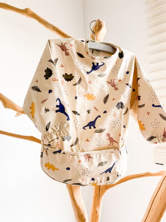 SFT Products Baby Slab met Lange Mouwen - Dino Beige - SMALL - 1 t/m 2 Jaar - Waterproof - Slabber met Lange Mouwen - Slabbetje met Schortje