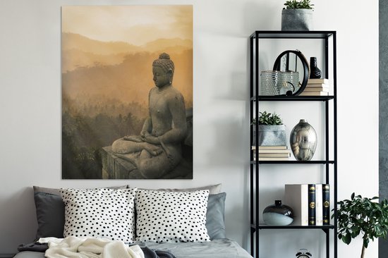 Statue de Bouddha au coucher du soleil 90x120 cm - Tirage photo sur toile (Décoration murale salon / chambre)