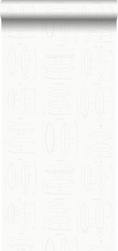 ESTAhome behang technische tekeningen van surfplanken wit en zilver - 128869 - 0,53 x 10,05 m