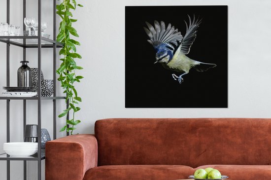 Canvas schilderij 90x90 cm - Wanddecoratie Pimpelmees - Vogel - Zwart - Muurdecoratie woonkamer - Slaapkamer decoratie - Kamer accessoires - Schilderijen op canvas