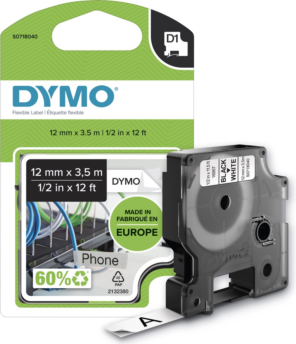 DYMO originele D1 Duurzame flexibele nylon labels | Zwarte Tekst op Wit Label | 12 mm x 3,5 m | zelfklevende etiketten voor de LabelManager labelprinter | gemaakt in Europa