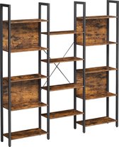 Hoppa! boekenkast, ladderplank, 14 planken, metalen frame, voor woonkamer, studeerkamer, kantoor, industrieel ontwerp, 158 x 24 x 166 cm, vintage bruin-zwart