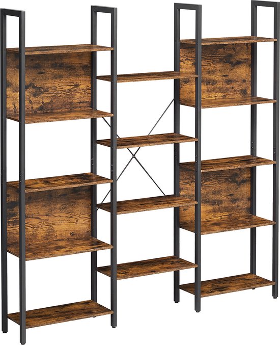 Hoppa! boekenkast, ladderplank, 14 planken, metalen frame, voor woonkamer, studeerkamer, kantoor, industrieel ontwerp, 158 x 24 x 166 cm, vintage bruin-zwart