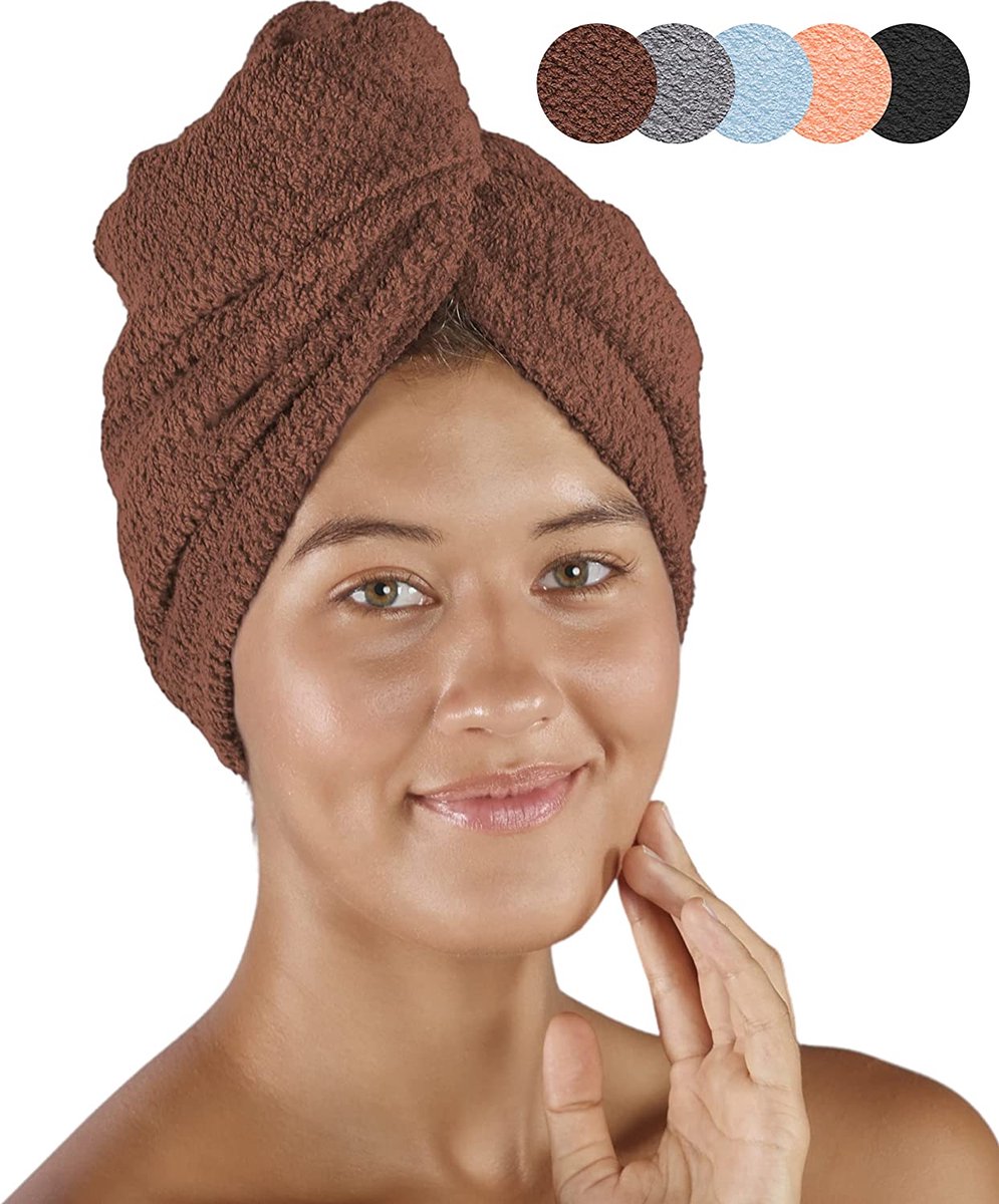 pamuq haartulband 100% katoen - bruin, set van 2 - met 2 knopen - tulband handdoek knop haarhanddoek hoofdhanddoek knop haartulband sneldrogende haarhanddoek handdoek haardrooghanddoek