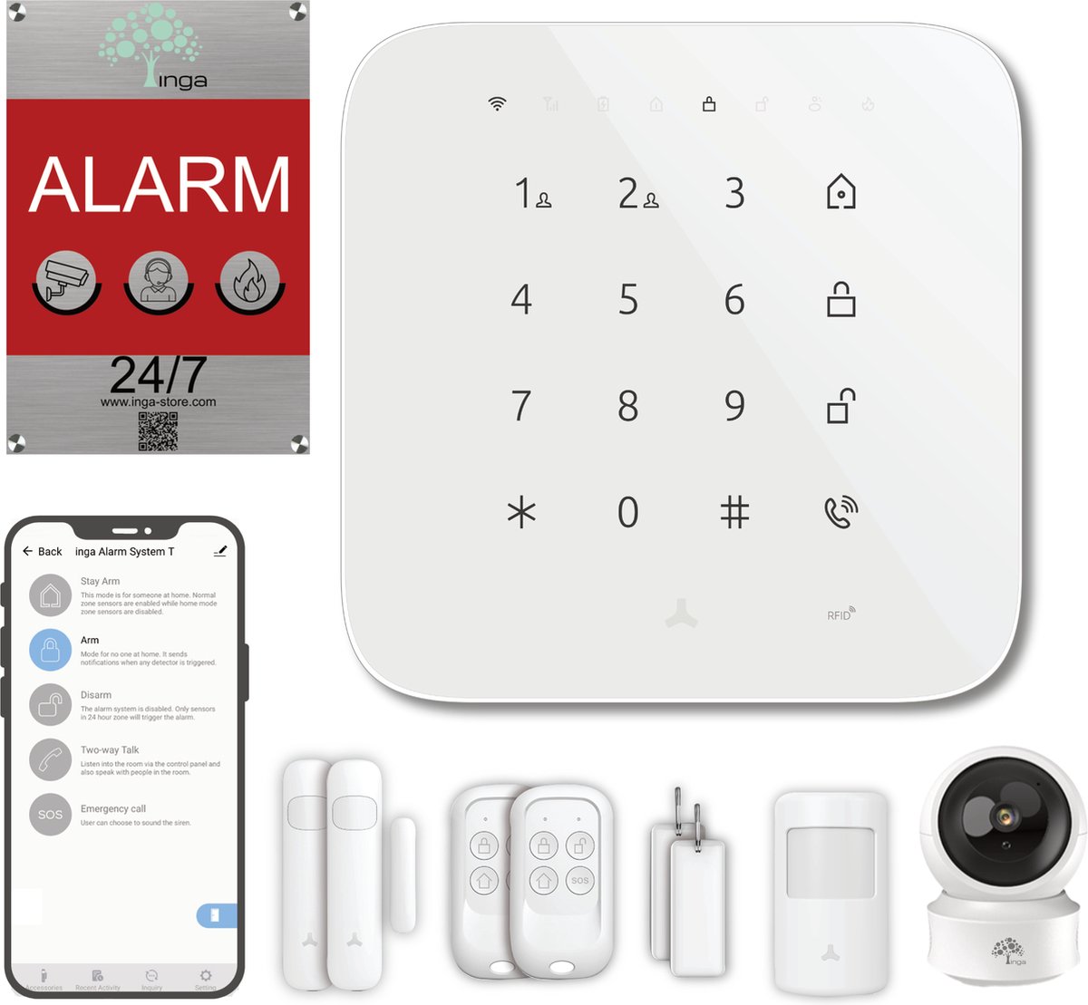 Inga® alarmsysteem T+ met Camera| Draadloos Smart Home Beveiligingssysteem | Beveiligingscamera | Wifi & GSM | Batterij |App Push & SMS |uitbreidbaar | deur- en raamsensor | bewegingsmelder | afstandsbedieningen | RFID-sleutels |luide sirene