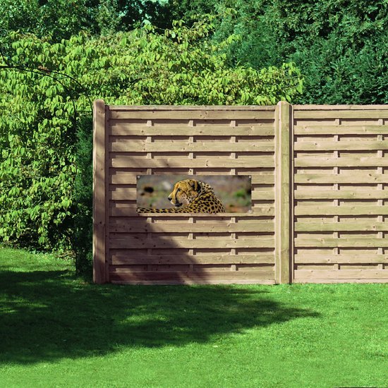 WallClassics - Poster de jardin - Léopard regarde en arrière - 120x40 cm Photo sur poster de jardin (décoration murale pour l'extérieur et l'intérieur)