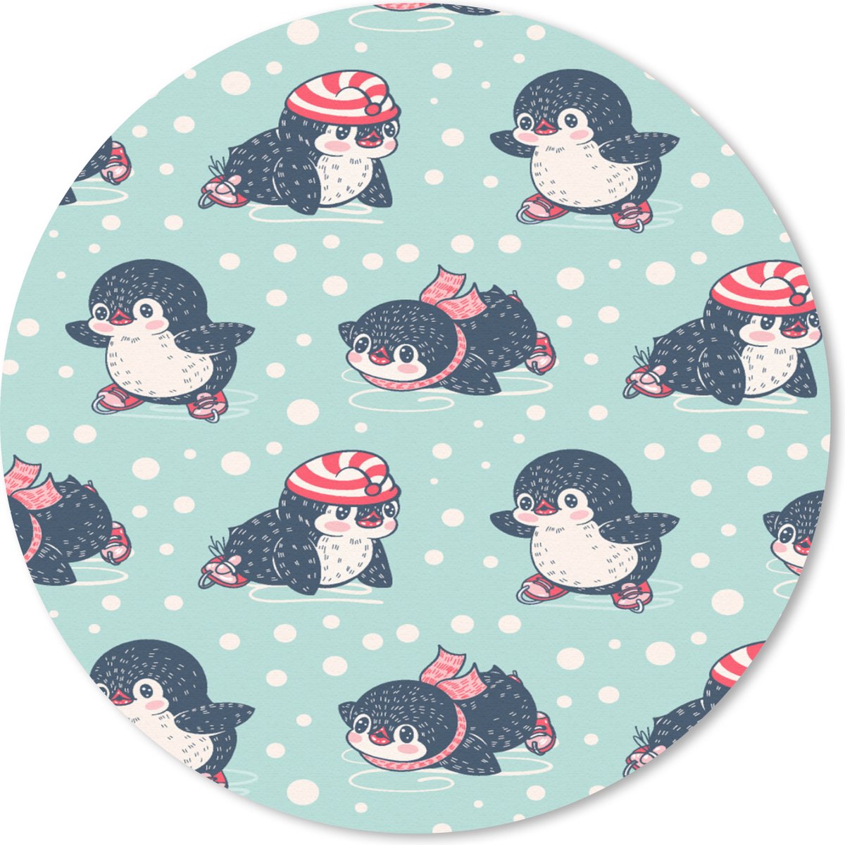 Muismat rond 30x30 cm - Mousepad Pinguïn - Schaatsen - Muts - Kinderen - Patroon - Ronde muismatten