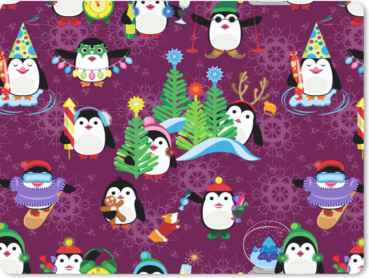 Muismat 23x19 cm - Mousepad Pinguïn - Kerstmis - Vuurwerk - Winter - Design - Muismatten
