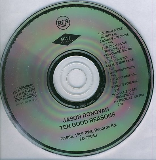 CD met de titel "Ten Good Reasons" van Jason Donovan, met nummerlijst en logo's.