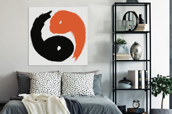 Une illustration du logo Yin et Yang en toile de couleur noir et orange 90x90 cm - Tirage photo sur toile (Décoration murale salon / chambre)