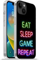 Geschikt voorApple Iphone 14 Plus - Soft case hoesje - Gaming - Led - Quote - Eat sleep game repeat - Gamen - Siliconen Telefoonhoesje