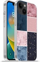 Geschikt voorApple Iphone 14 Plus - Soft case hoesje - Marmer print - Roze - Blauw - Siliconen Telefoonhoesje