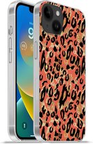 Geschikt voorApple Iphone 14 Plus - Soft case hoesje - Panterprint - Goud - Roze - Siliconen Telefoonhoesje