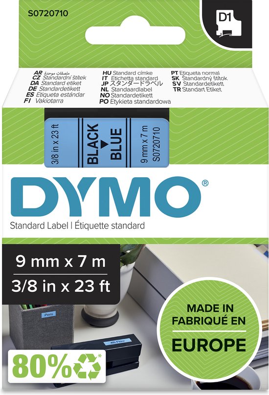 DYMO originele D1 labels | Zwarte Tekst op Blauw Label | 9 mm x 7 m | zelfklevende etiketten voor de LabelManager labelprinter | gemaakt in Europa