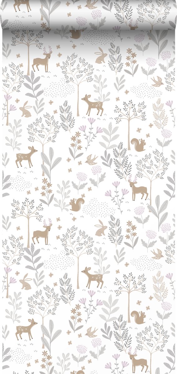 ESTAhome behang bos met bosdieren lila paars en beige - 53 cm x 10.05 m - 139520