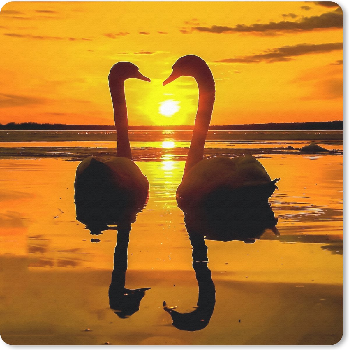 Muismat 30x30 cm - Mousepad Zwanen - Zonsondergang - vogel - Oranje - Water - Muismatten