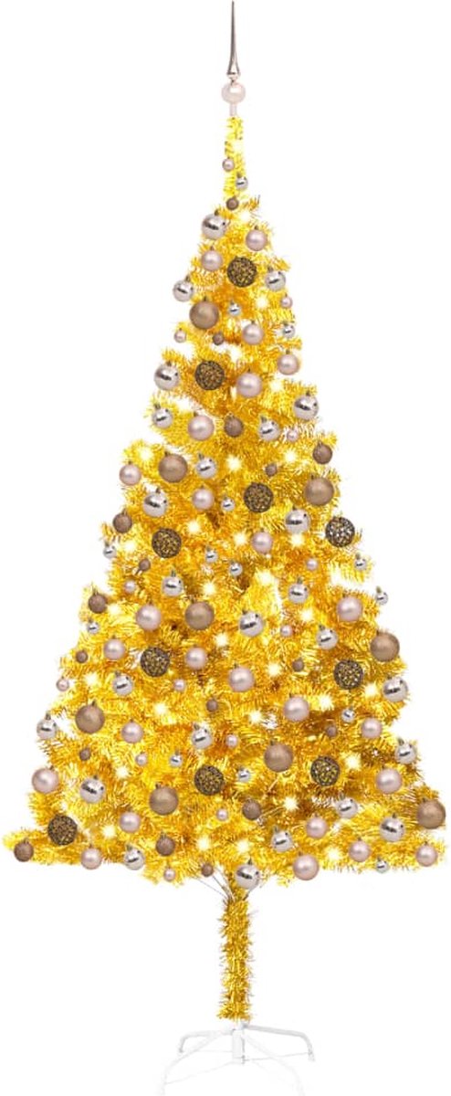 Prolenta Premium - Kunstkerstboom met LED's en kerstballen 210 cm PET goudkleurig