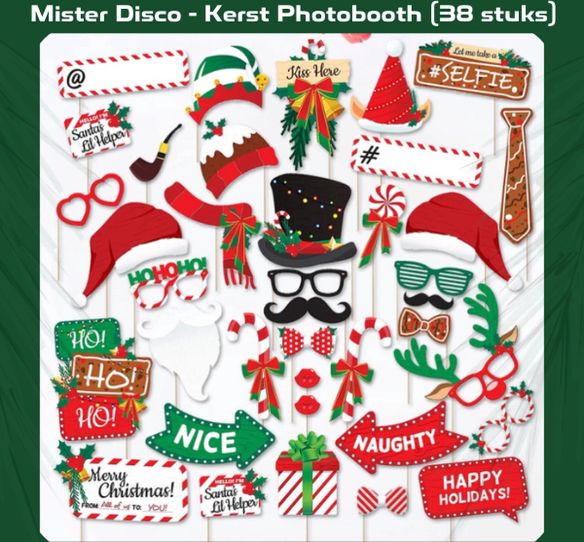 Kerst Photobooth Props Fotobox 38 stuks Incl. houten stokjes