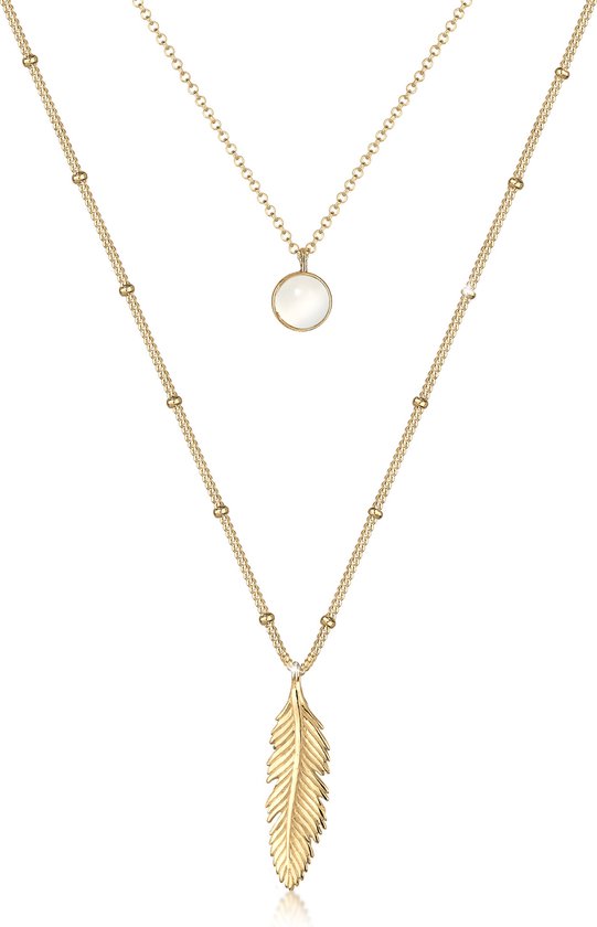 Elli Ladies Necklace collier boule pour femme look superposé plume pierre de lune en argent sterling 925 plaqué or