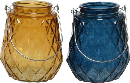 Set van 2x stuks theelichthouders/waxinelichthouders ruitjes glas cognac/oranje en donkerblauw met metalen handvat 11 x 13 cm