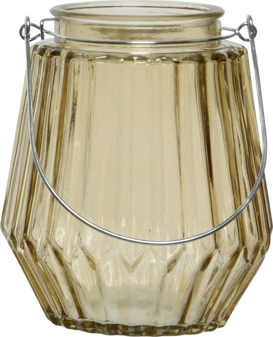 Decoris Waxinelichthouder - streepjes glas - taupe - metalen handvat - 11 x 13 cm