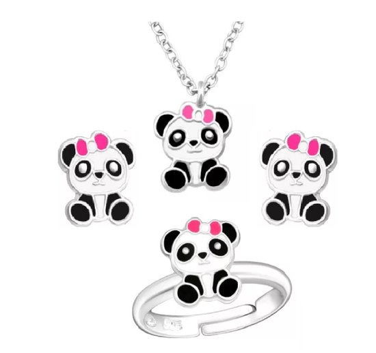 La Rosa Princesa Set Panda Oorbellen Ketting Ring Zilver
