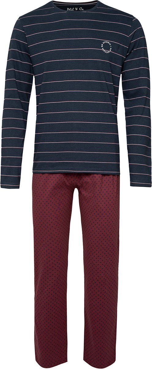 Phil & Co Lange Heren Winter Pyjama Set Katoen Gestreept Blauw / Rood - Maat XL
