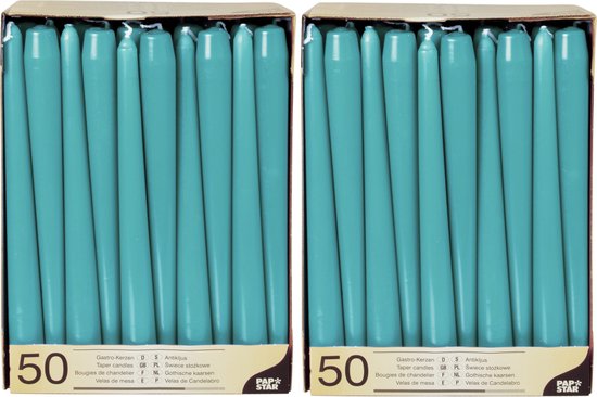 100x stuks Voordeelverpakking dinerkaarsen turquoise blauw - 25 cm - 7 branduren