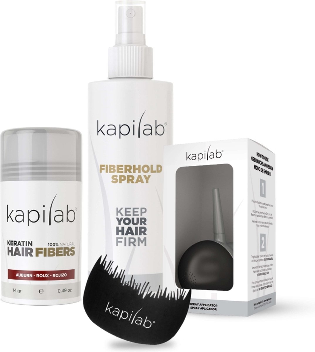 Bol.com Kapilab Hair Fibers Starterset Kastanjebruin - Hair fibers 14 gr + Fiberhold Spray 100 ml + Toolkit - Alles voor direct ... aanbieding