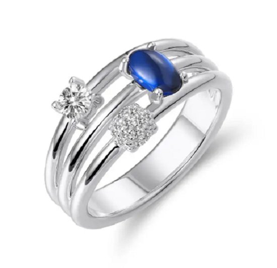 Schitterende Zilveren Brede Stapel Ring met Ovaal Blauwe Steen en Zirkonia 's 16.50 mm. (maat 52)