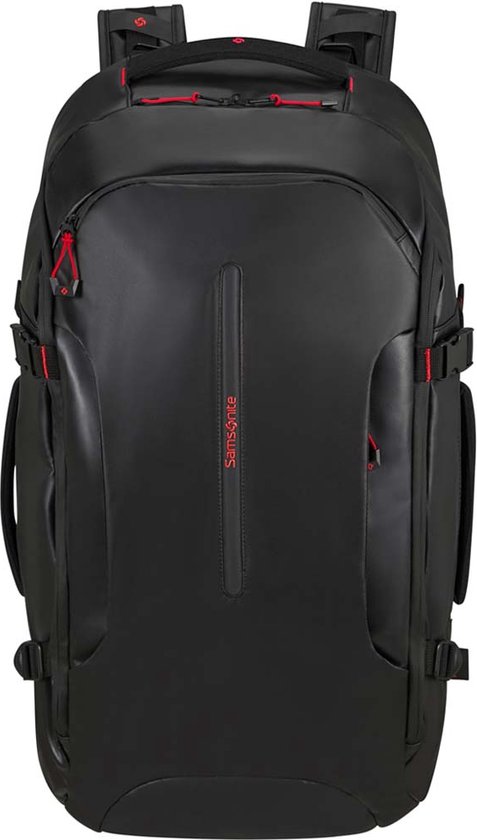 Zwarte rugzak met rode accenten, merknaam Samsonite op de voorzijde.