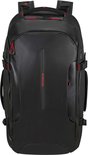 Zwarte rugzak met rode accenten, merknaam Samsonite op de voorzijde.