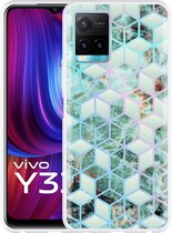 Vivo Y33s Hoesje Groen Hexagon Marmer - Designed by Cazy