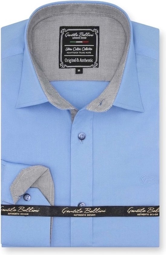 Heren Overhemd - Slim Fit - Chambray Contrastbeleg - Licht Blauw - Maat 3XL